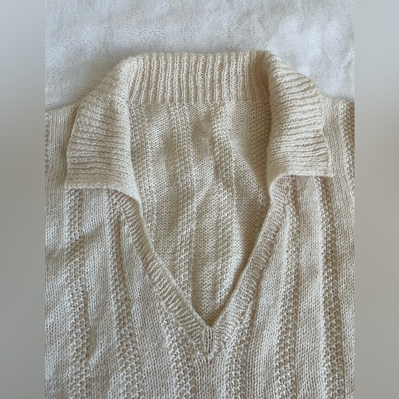 Vintage handmade 70s collared short sleeve sweater cream/white/oatmeal - Picture 3 of 4